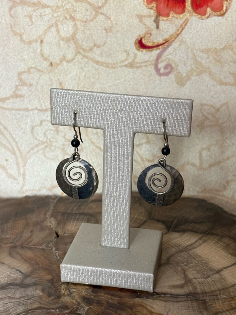 Hammered Silver and Black Beaded Spiral Earrings